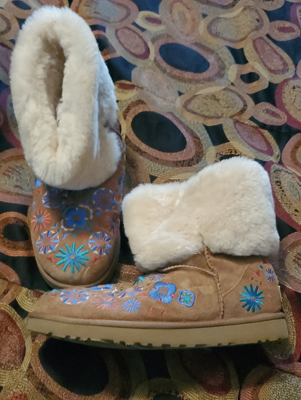 UGG Tan Suede Fold-Over Slippers with Blue Floral Embroidery